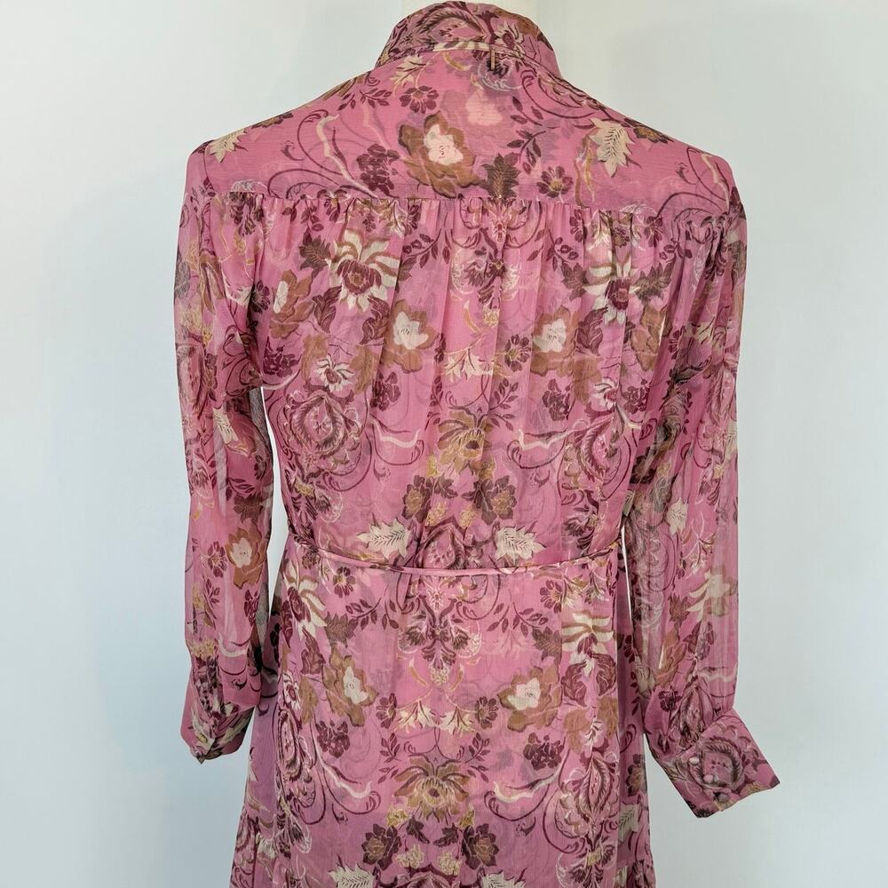 MISA Los Angeles Sheer Chiffon Maxi Dress Button-Down XS Pink/Brown - Picture 8 of 10